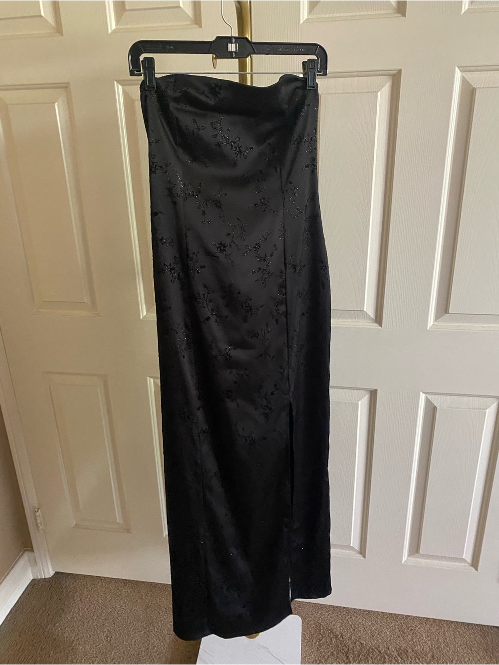 Vintage 90s Strapless Black Satin Floral Maxi Dress Goth